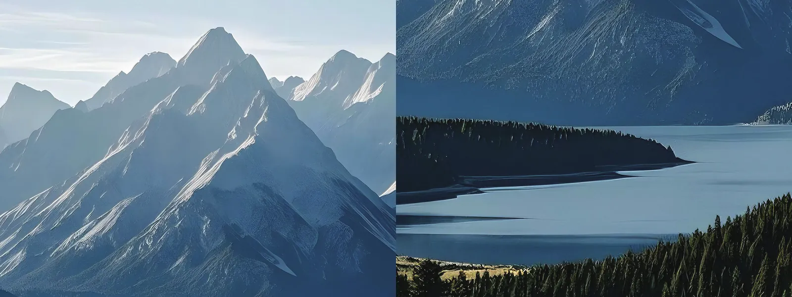 Snow-capped peaks beside a calm alpine lake, showing the two phases of an IHHT session