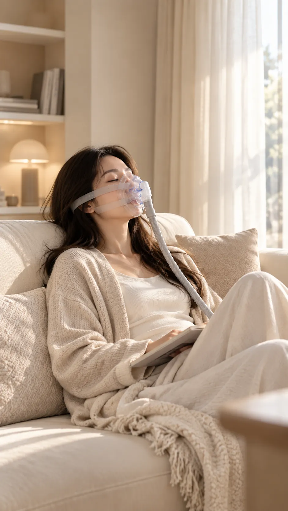 A woman relaxes on a sofa with a book, wearing the Cybcure IHHT mask during a calm oxygen training session