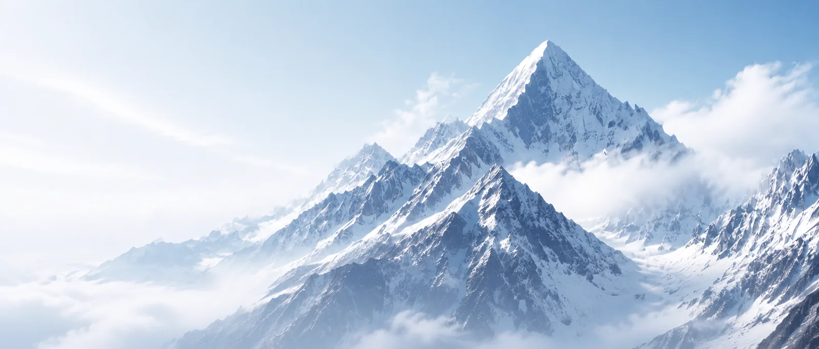 A snow-capped mountain summit rising above the clouds